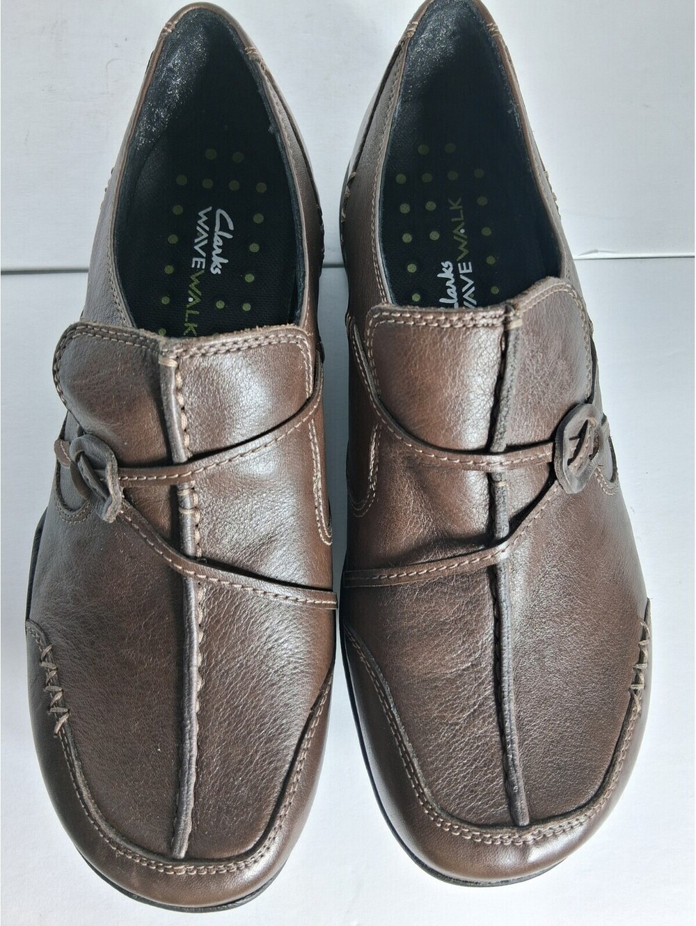 Clarks Women's Wave Walk Brown Leather Slip On Shoes, Size 8.5W
